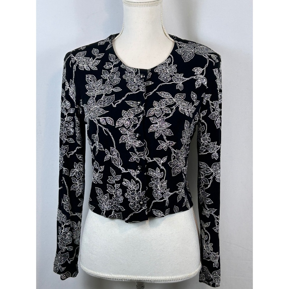 Ronni Nicole by Ouida Vintage Black Silver Floral Cropped Cardigan Jacket Sz 6